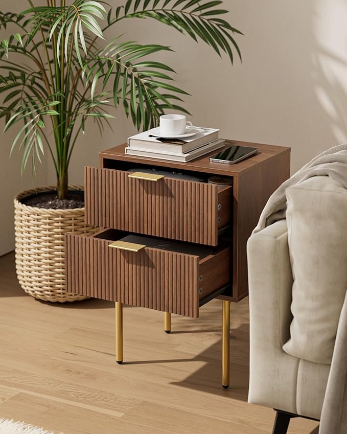 Aienvey Night Stand, Modern Nightstand with Drawers, Bedside Table, Gold Small Side Table for Bedroom, Living Room End Table (Walnut Stripe, 2 Drawers)