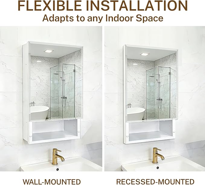 16x26 inch Bathroom Medicine Cabinet with Mirror, Platstic Framed Beveled Edge Mirror Cabinet with Removable Shelves, Extra Storage Space, Recessed or Surface Mount