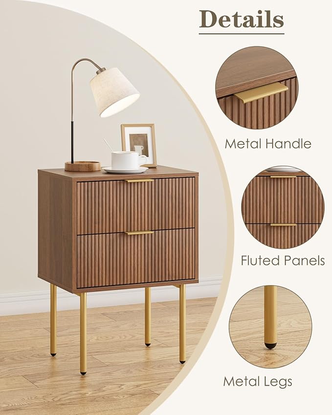 Aienvey Night Stand, Modern Nightstand with Drawers, Bedside Table, Gold Small Side Table for Bedroom, Living Room End Table (Walnut Stripe, 2 Drawers)