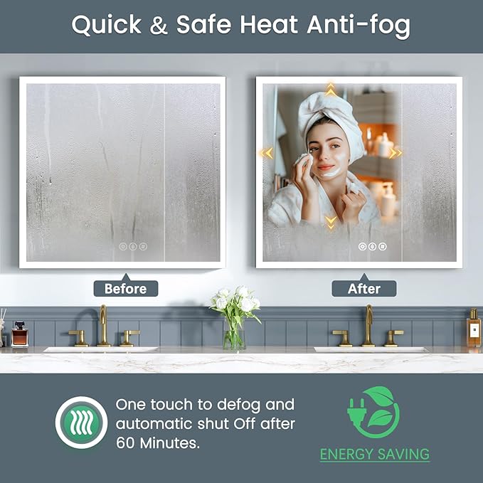 30x30 Inch Medicine Cabinet with Lights, AL Alloy Frame, Plug-in or Hardwired, Recessed or Wall Mount, Mirror Doors/3 Colors/Dimmable/Interior Sensor Light/Defog,2 Outlets & USBs,2 Shelves