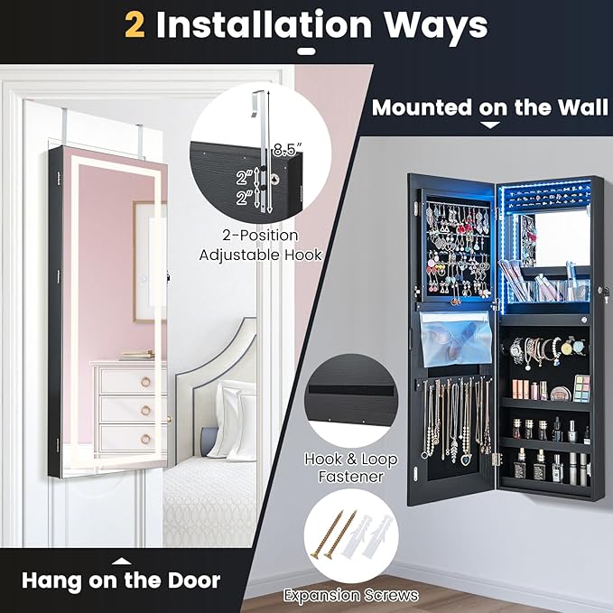 CHARMAID LED Mirror Jewelry Cabinet, Lockable Jewelry Armoire with Adjustable Lighted Full Length Mirror, 3 Lighting Sets, Wall Mounted Door Hanging Jewelry Storage Organizer (Black, 42.5''H)