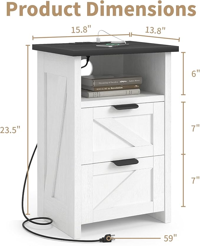 Farmhouse Night Stand Set of 2 with Charging Station, Bedside Table w/2 Drawers & Storage, Rustic End Tables for Bedroom, Living Room, Small Spaces, Home Office, White