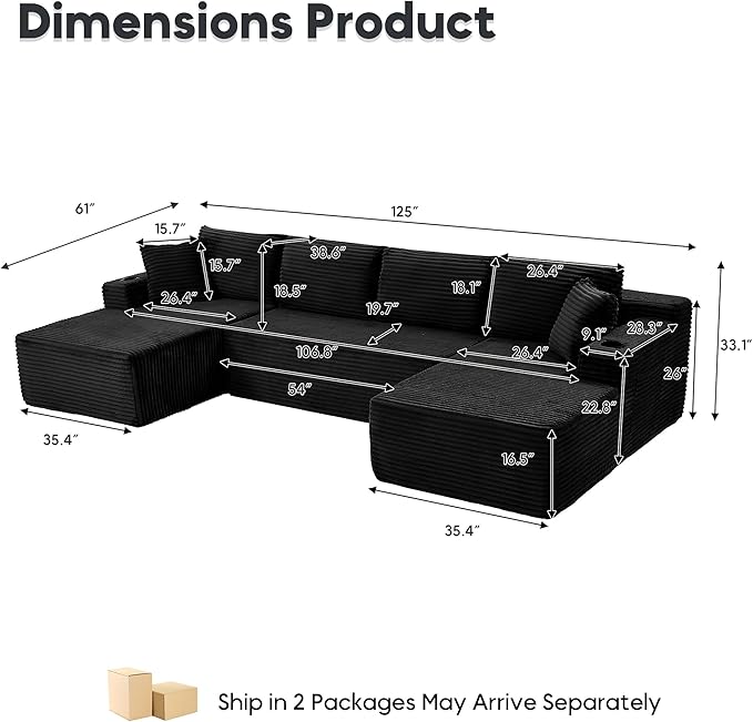 125 Inch Modular Sectional Sofa, Cloud Couch Oversized U Shaped Corduroy Sofa with Storage & Cupholders, Modern Deep Seat Boneless Couches for Living Room, No Assembly Required, Black