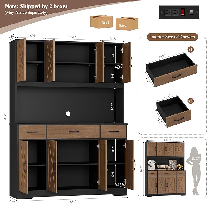 HOSTACK 71" Tall Pantry Cabinet with Charging Station, 55" Wide Kitchen Pantry Storage Cabinet with Countertop, Large Kitchen Hutch with Storage Drawers for Dining Room, Brown/Black