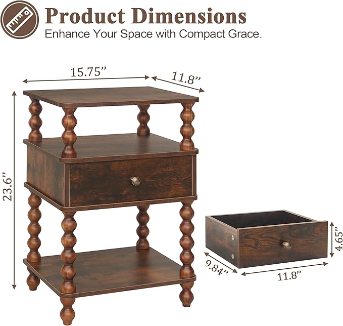 AWASEN Night Stand, Bed Side Table Bedroom with Drawer, 3-Tier Small Nightstand End Table with Storage for Small Spaces &Solid Wood Spindle Legs, Rustic Brown