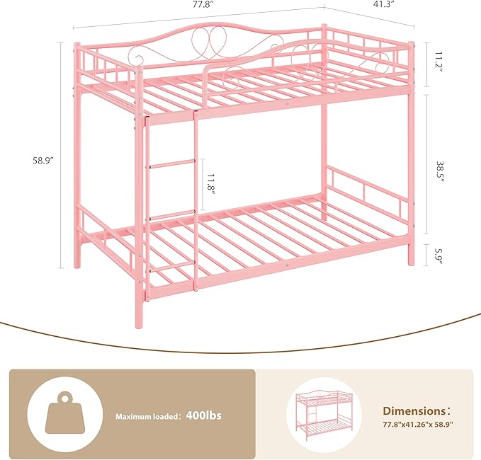 IDEALHOUSE Bunk Bed Twin Over Twin with Ladder & Full Safety Guardrail, Heavy Duty Metal Twin Over Twin Bunk Bed 400 Lbs Load Capacity, Space-Saving, Noise Free, No Box Spring Needed, Easy Assembly, P