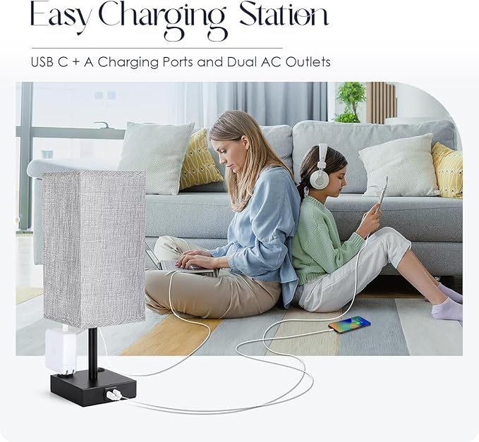 Bedside Table Lamps Set of 2 - Touch Nightstand Lamp for Bedroom with USB C+A Charging Ports & AC Outlets, 3-Way Dimmable Desk Lamp Grey Fabric Shade for Bedroom Living Room, Office(Bulb Included)