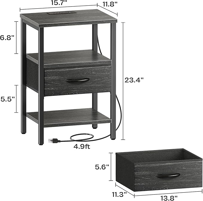 SUPERJARE Nightstand with Charging Station, Bed Side Table with Adjustable Fabric Drawer, Night Stand for Bedroom, 3-Tier Storage End Table, for Living Room, Charcoal Black Wood Grain Print