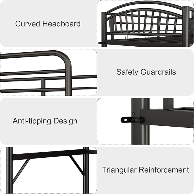Decofy Metal Loft Bed Twin Size, Heavy Duty Loft Bed with Bedside Caddy, EVA Anti-Slip Ladder with Sturdy Guardrails, Space-Saving Twin Size Loft Bed for Teens & Adults for Bedroom Dorm (Black)