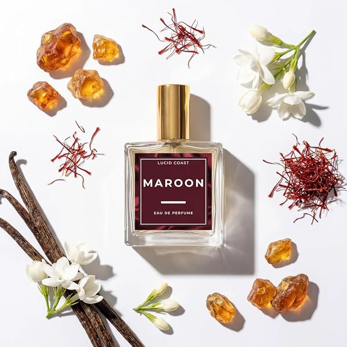 Lucid Coast Maroon Perfume – Ambery Saffron & Jasmine – Inspired by Baccarat Rouge 540 – Long Lasting Extrait Strength Fragrance – Notes of Cedarwood & Ambergris – Clean, Vegan & Cruelty Free