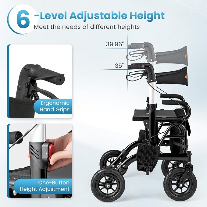 Goplus Walkers for Seniors with Seat, 2 in 1 Folding Rolling Rollator Walker & Wheelchair Combo with Brakes, 9" Pneumatic Tires for All Terrain, Aluminum Adult Mobility Walking Aid