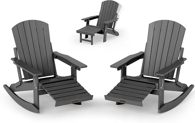 Adjustable Adirondack Rocking Chair Set of 2 with Retractable Ottoman Footrest, 4-in-1 Foldable HDPE Outdoor Rocker, Weather Resistant Adirondack Chair for Porch, Garden & Poolside, Grey