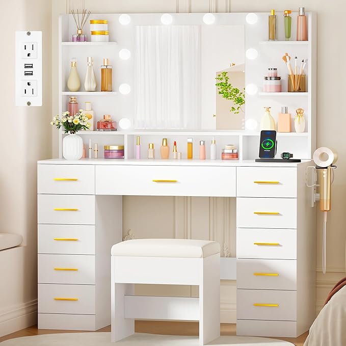 BEWISHOME Vanity Desk with Mirror and Lights,Makeup Vanity Table with Power Outlet,3 Color Modes,White Vanity Set with 11 Drawers,6 Open Shelves and Storage Stool,Dressing Table for Bedroom FST50W