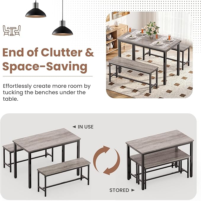 Dining Table Set for 4, Kitchen Table with 2 Benchs, Modern Functional 3-Piece Dining Room Table for Apartment Breakfast Nook and Samll Space, Grey