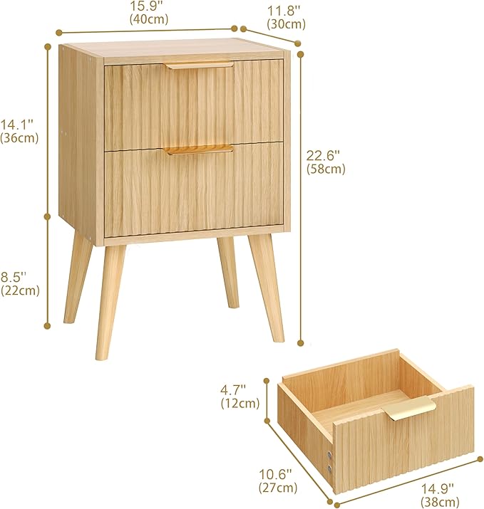 YAUKOMEL Fluted Nightstand,Small Bedside Table,Natural Wood Night Stand,Light Wood Side Table with Solid Wood Legs,End Table for Bedroom,Small Space 11.8" D x 15.7" W x 22.8" H Natural CTG55Y