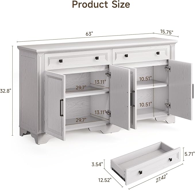 ONBRILL 63" Sideboard Buffet Cabinet, Kitchen Buffet Storage Cabinet, Large Credenza with Drawers & Doors, Wood Coffee Bar Console Wine Bar for Living Room Hallway White