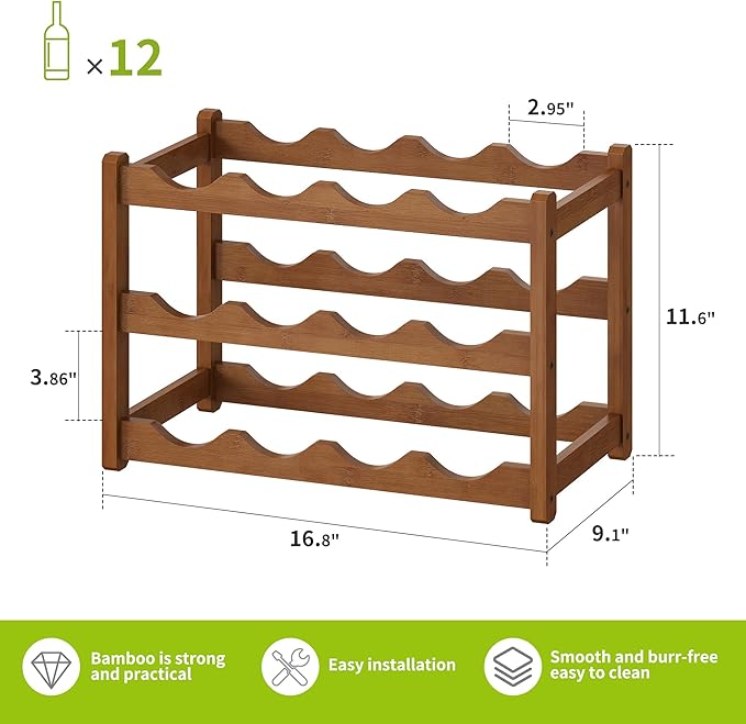 BMOSU Bamboo Wine Rack Wine Storage Cabinet Shelf 12 Bottle Wine Racks Countertop Sturdy for Kitchen Dining Room Pantry - 3 Tiers Wine Rack(Brown)