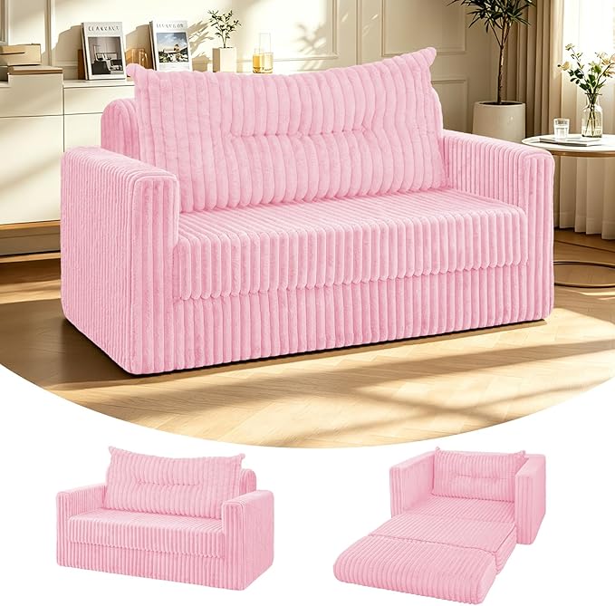 HABUTWAY 41.3" Loveseat Boneless Couch, 4-in-1 Convertible Sofa Bed, Plush Fur Folding Futon Sofa Bed Couches with a Pillow for Living Room, High-Density Foam Support, No Assembly Required, Pink
