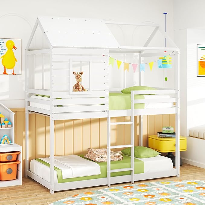Giantex Wood Bunk Bed Twin Over Twin, House Bed Frame with Ladder and Guardrail, Floor Bunk Bed with Wood Slats for Kids, Girls, Boys, Dormitory and Bedroom, No Box Spring Needed, White