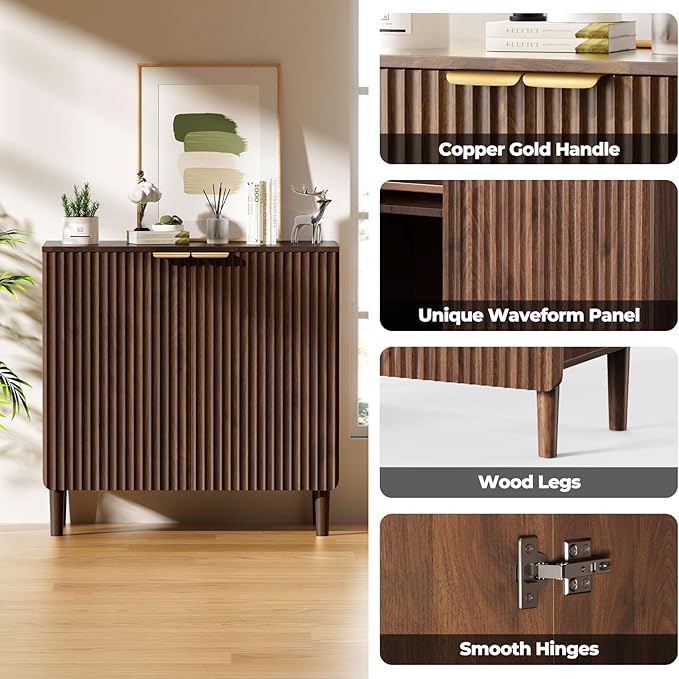 Sideboard Buffet Storage Cabinet - Wood Cabinets with Adjustable Shelves Fluted Doors, Anti-Tip Console Table for Kitchen Dining Living Room or Entryway Hallway, Easy Assembly, Walnut