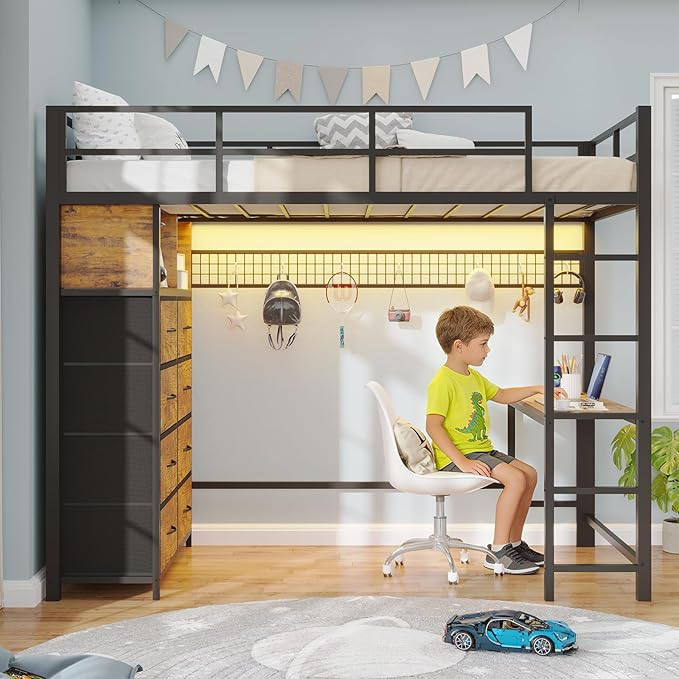 BTHFST Twin Loft Bed with Desk & 8 Storage Drawers Tall Dresser, Metal Loft Bed with LED Lights & Charging Station, 2-Tier Storage Shelves, Stable & Sturdy, Noise Free, Rustic Brown and Black