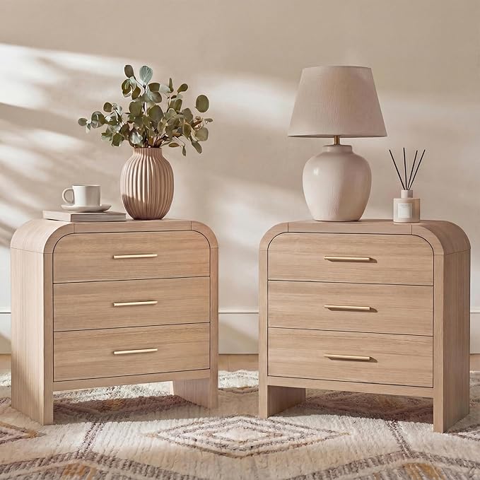 Farmhouse Nightstand Set of 2, 23.5" Curved Modern Night Stand with 3-Drawer, Bedside Table, End Table for Bedroom, Storage Cabinet Furniture, Oak