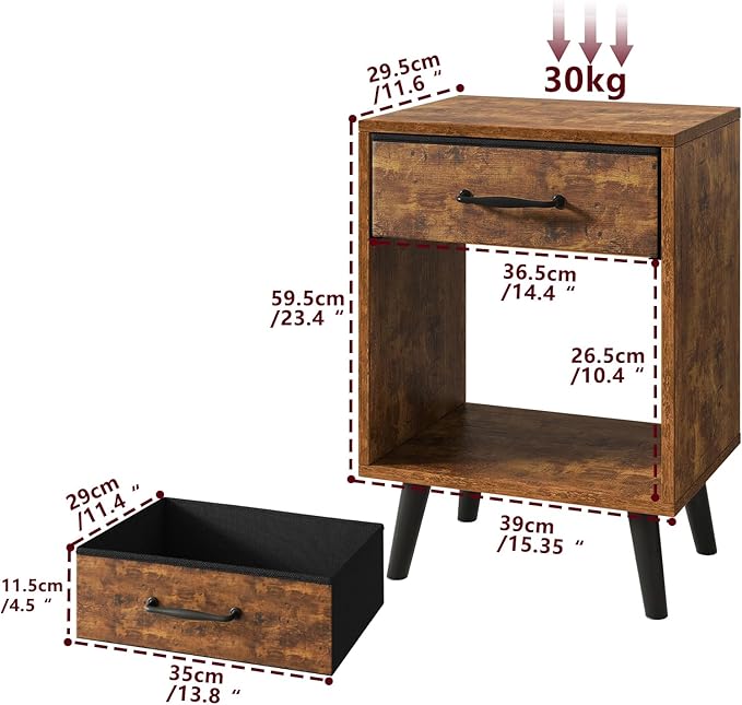 YMYNY Nightstand Set of 2, Bedside Table, Side Table with Fabric Drawer, Handle and Open Compartment, Solid Wood Legs, Wooden Coffee Table for Bedroom, Rustic Brown UHST020H-2