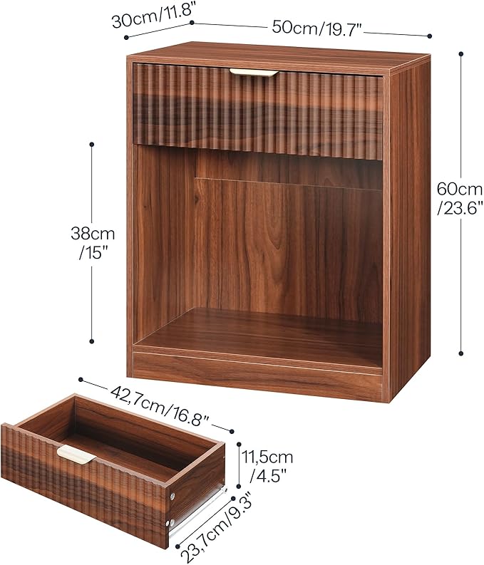 HOOBRO Fluted Nightstands Set of 2, Modern Bedside Tables with 1 Drawer and 1 Open Compartment, Wooden End Tables with Metal Handle, for Bedroom and Office, Walnut WL208BZP201