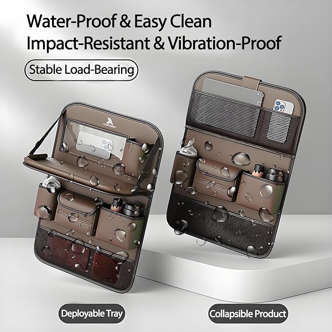 2 Pack Universal Foldable Car Backseat Organizer with Table Tray, Car Seat Back Protector with Touch Screen Phone Holder, Premium Leather Kick Mats with Storage Pockets Tissue Holder (Brown)