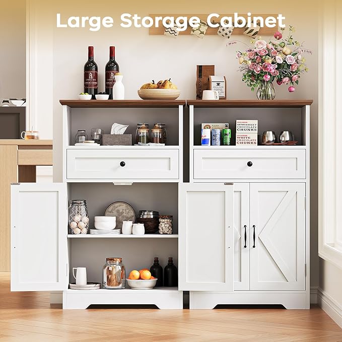 Floor Cabinet, Farmhouse Storage Cabinet with Barn Doors and Drawer, Freestanding Adjustable Shelf Organizer for Bathroom, Kitchen, Living Room White