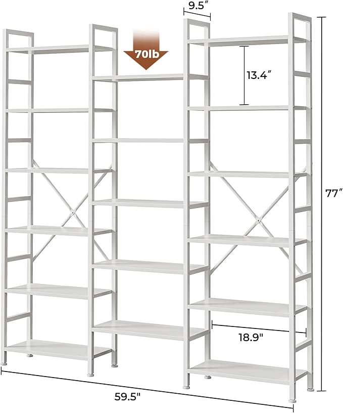 SUPERJARE Triple Bookshelf, Bookcase with 17 Open Display Shelves, Wide Book Shelf Book Case for Home & Office, 6 Tier, White