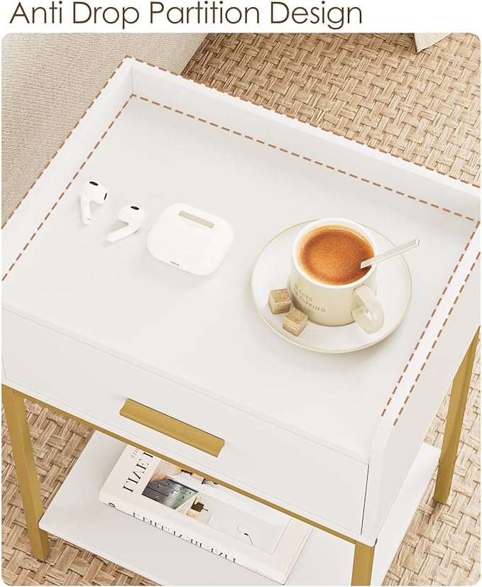 Nightstand, Modern Bedside Table with Drawer and Legs,White and Black Night Stand with Open Shelf, Narrow Side Table for Bedroom, Living Room