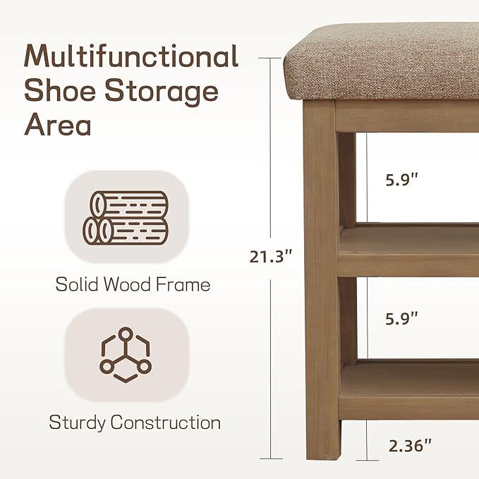 Zihanhome 2 Tier Shoe Rack Bench with Cushion, Solid Wood Shoe Benches, Mid-Century Modern Shoe Storage Bench for Entryway, Hallway, Living Room, Closet, Front Door Entrance, (Brown, 39.4")
