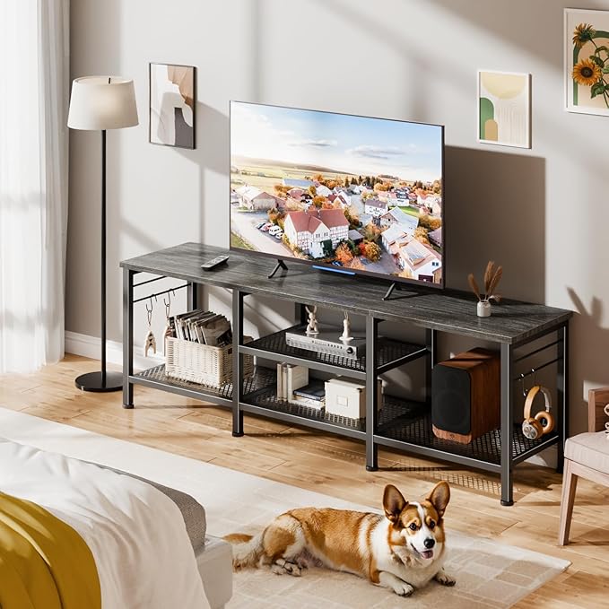 Furologee TV Stand for TVs up to 65 Inch, Entertainment Center with Open Storage Shelves, 55 Inch Television Stands with Soundbar Shelf for Living Room, Bedroom, Black Oak