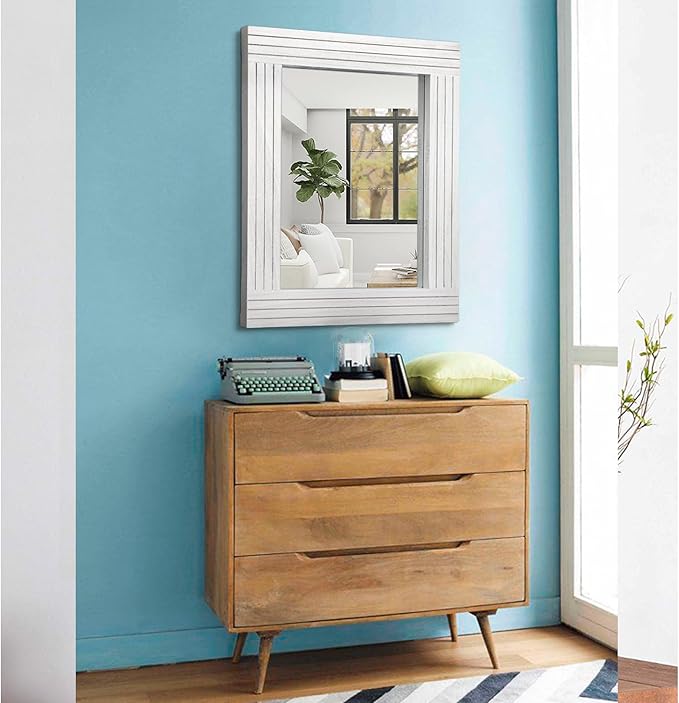 Rustic Wall Mirror - Rectangular Antique Wooden Frame - Farmhouse Bedroom & Entryway - Large White - 20" x 16"