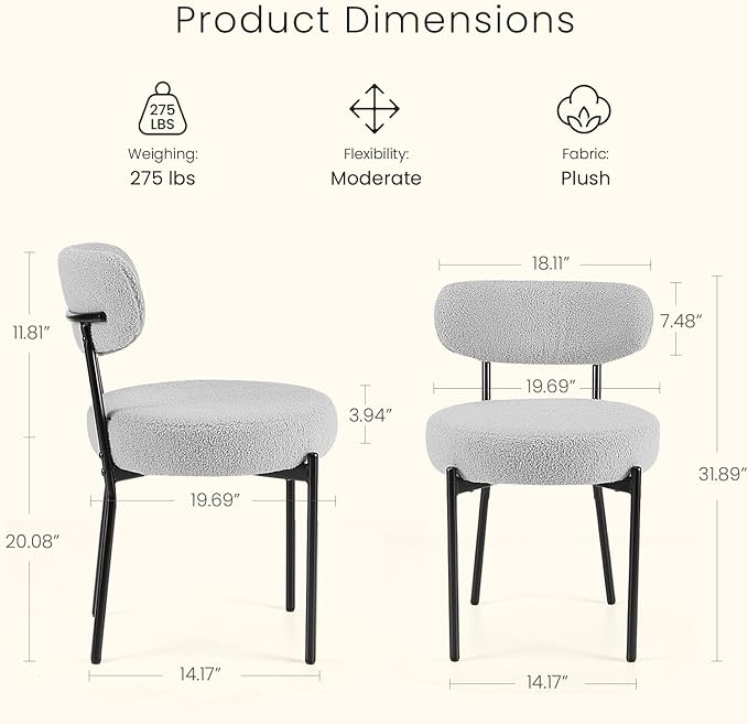 DUMOS Dining Chairs Set of 2, Mid Century Modern Chair Round Upholstered Curved Backrest, Kitchen Vanity Living Room Chairs with Black Metal Legs，Light Grey
