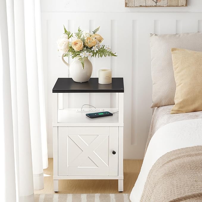 MAHANCRIS Farmhouse Nightstand with Charging Station, White Bedside Table with USB & Type-C Ports, Black End Table with Storage and Open Shelf, Modern Side Table for Bedroom, ETBW96E01