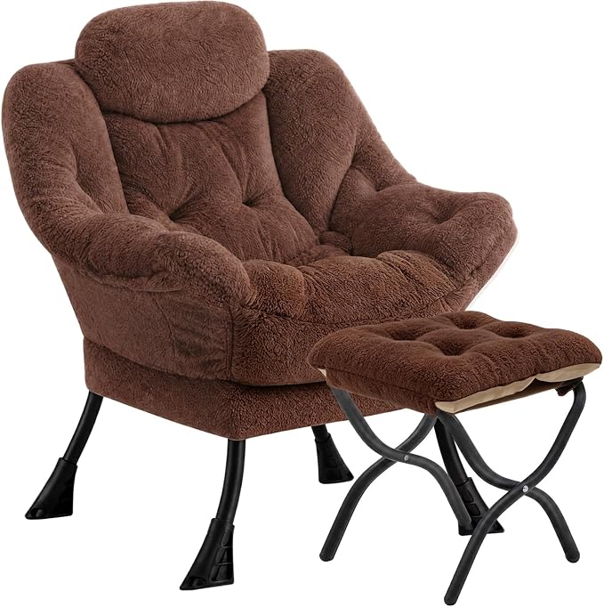 Lazy Chair with Folding Ottoman,Leisure Sofa Chair,Soft Fabric Armchair with Armrests and Side Pockets, Reading Chair with Footrest for Living Room, Bedroom, Office (Plush Dark Brown)