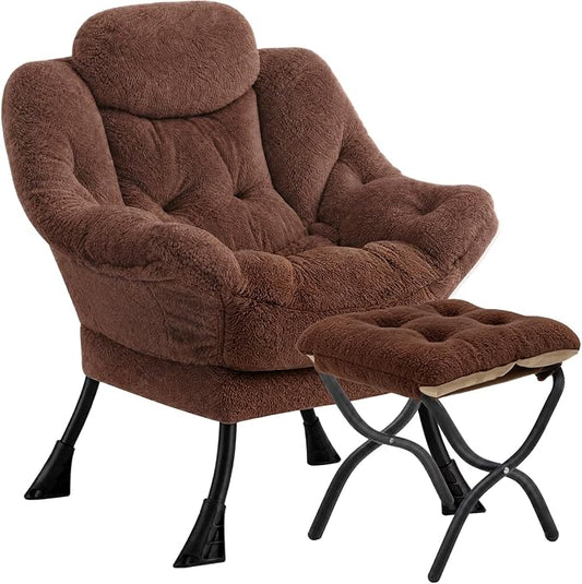 Lazy Chair with Folding Ottoman,Leisure Sofa Chair,Soft Fabric Armchair with Armrests and Side Pockets, Reading Chair with Footrest for Living Room, Bedroom, Office (Plush Dark Brown)