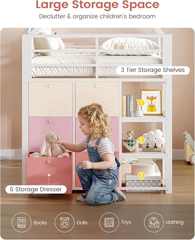 VIAGDO Twin Loft Bed with Desk and Storage for Kids, Metal Low Loft Bed Twin with 9 Drawers, 3-Tier Shelves, Led Lights, Safety Guardrail, No Box Spring Needed,White | 9 Storage Drawers