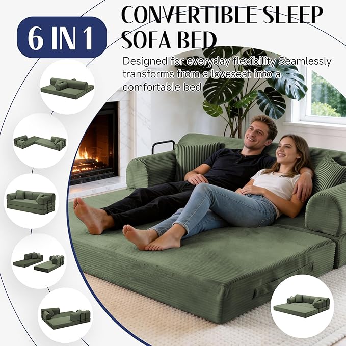 78.8" Convertible Sofa Bed with Detachable Arm Pillow, 6-in-1 Sectional Couches for Living Room, Corduroy Boneless Couch, Sleeper Loveseat Couch Bed, No Assembly, Grayish Green Couch