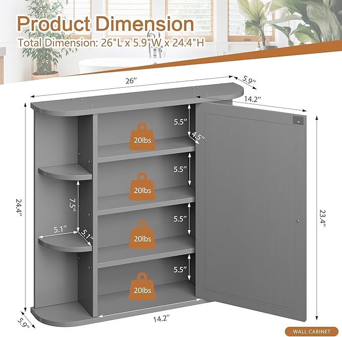 Bathroom Mirror Cabinet Wall Mounted, Medicine Cabinet with Mirror and 6 Open Shelves, Modern Bathroom Wall Cabinets Medicine Cabinets, Grey