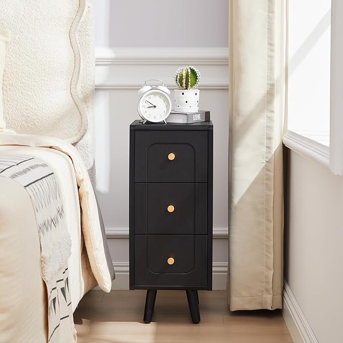 Narrow Nightstands with 3 Drawers, Wooden Farmhouse Bedside Tables, Slim End Tables with Storage, Small Night Stand for Bedroom, Living Room, Small Spaces