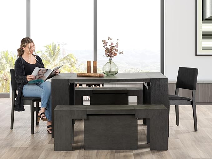 Transformer Table - Solid Wood Extendable Dining Table, Seats 2-12, Expandable Dining Room Table, Space-Saving Furniture, Kitchen and Dining Room Furniture (Dark Grey, Table + 2 Benches)