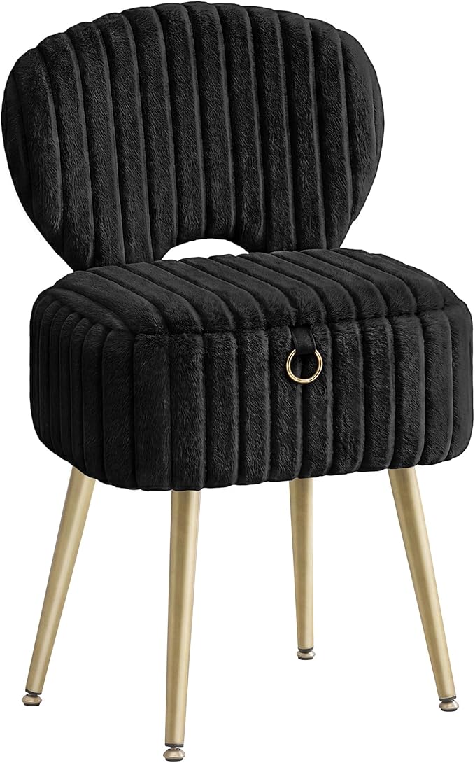 SONGMICS Small Vanity Chair with Storage and Folding Back, Vanity Stool, Footrest Footstool Ottoman, Dressing Table Stool, Furry Padded Seat, for Makeup Room, Bedroom, Ink Black ULOM532BH01