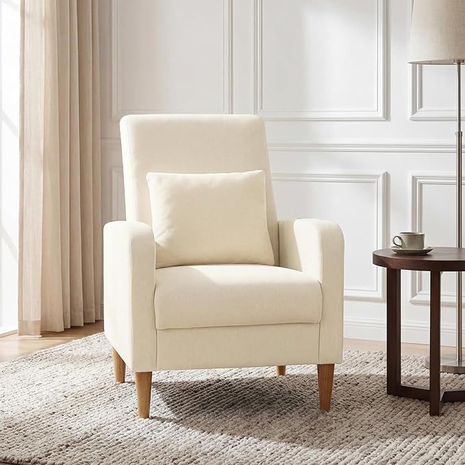 COLAMY Mid-Century Modern Upholstered Accent Chair with Back Pillow & Solid Wood Legs, Fabric Cozy Armchair for Living Room, Bedroom, Reading Nook, Apartment & Small Spaces, White
