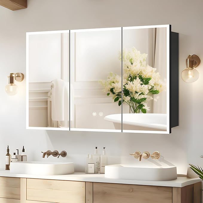 48×32inch Medicine Cabinet with Light,Recess Medicine Cabinet for Bathroom,3 Color,Dimmable,Demister,Detachable Side Plate for Recess Mount or Surface Mount