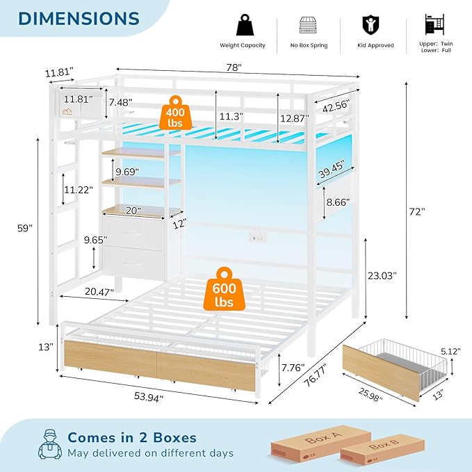 Twin Over Full Size Bunk Bed with 4 Storage Drawers and Bookshelf, Metal Bunk Beds with LED Lights, Charging Station, Loft Bunk Bed with Pegboard, Safety Guardrail and Ladders, for Kids, Teens, Adults