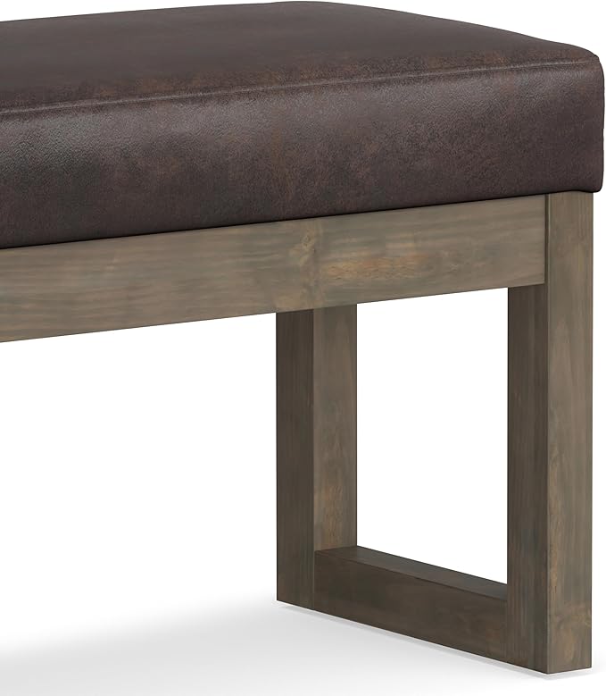 SIMPLIHOME Milltown Small Ottoman Bench - 27" Wide x 18" High Upholstered Vegan Leather Rectangle Footstool Ottoman in Distressed Brown, Contemporary Bench for Bedroom with Cushioned Seat, Assembled