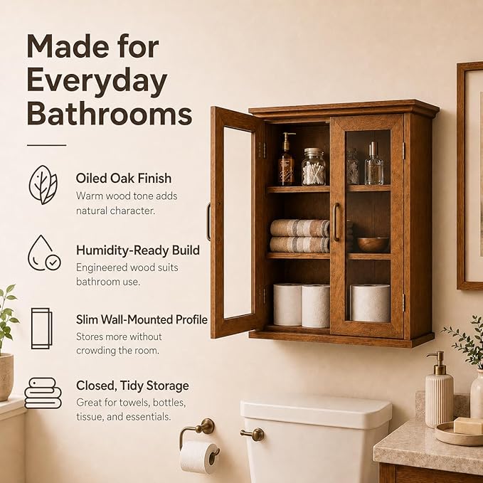 Teamson Home Avery Wooden Over The Toilet Bathroom Removable Wall Medicine Cabinet with 2 Adjustable Shelves 3 Storage Spaces 2 Glass-Paneled Doors and Antique Brass Knobs, Oiled Oak